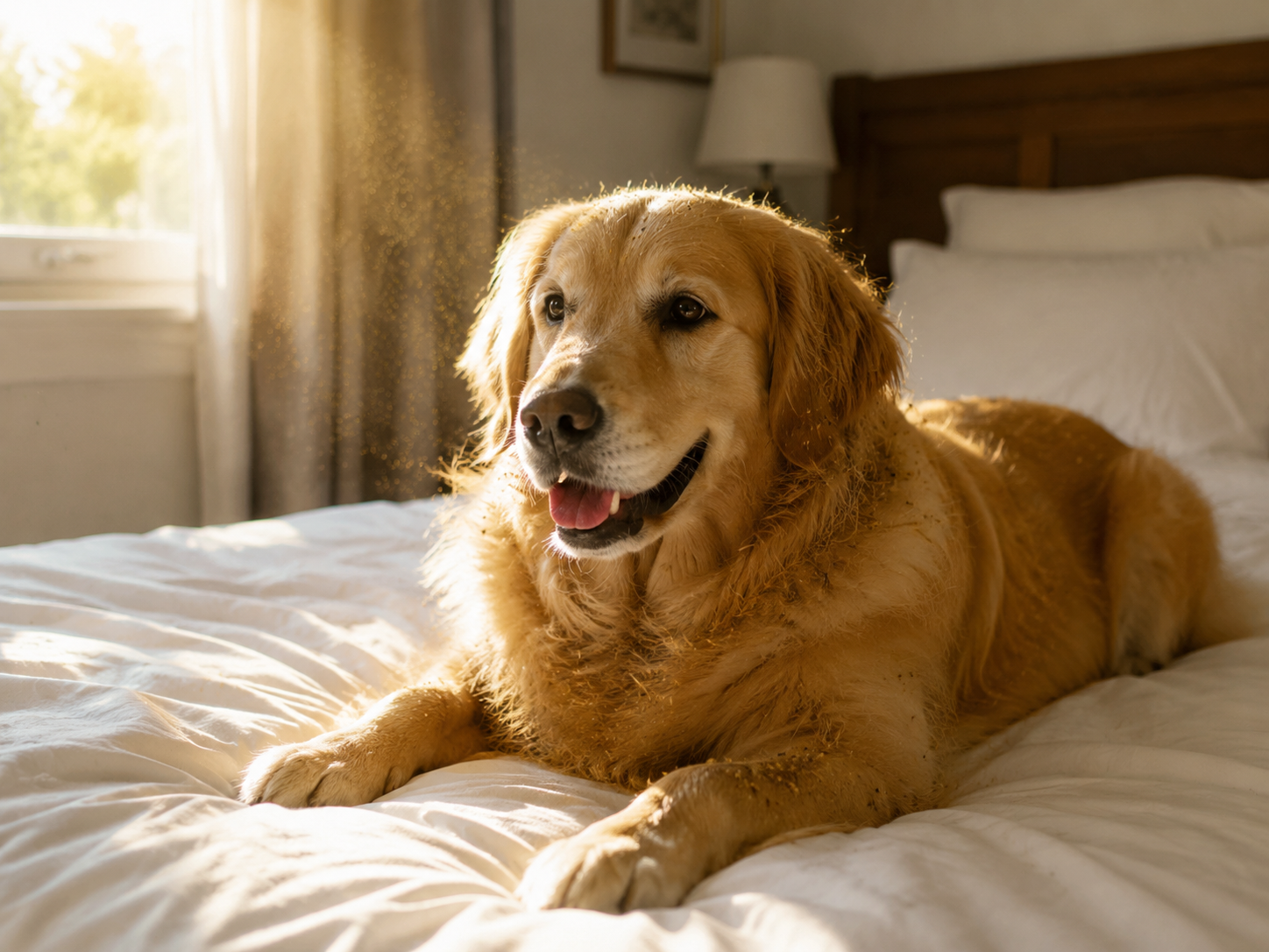 Hund liegt im Bett und trägt Pollen ins Schlafzimmer